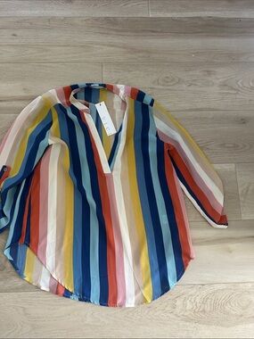 Vici Vertical Multi-Stripe V-Neck Tunic in Blue, Yellow, Coral, Pink